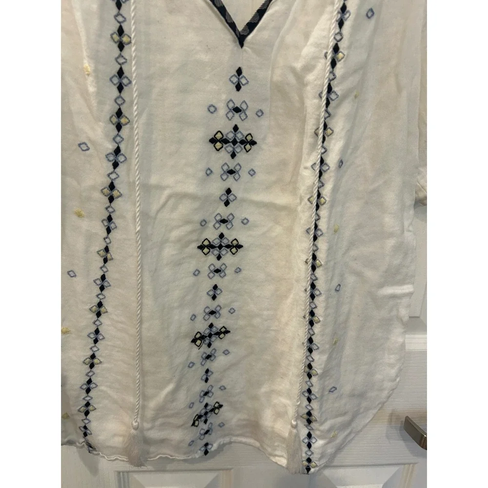 LOFT Blouse White Embroidered V-Neck Tassel Cotton Boho Summer Top Small